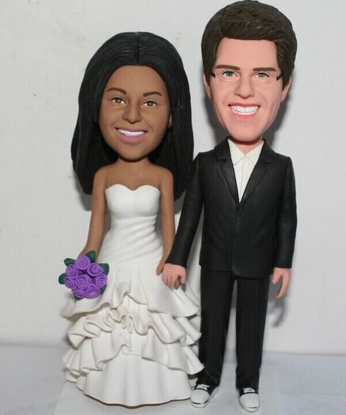 Custom Dark skin bride & White groom international cake tooppers